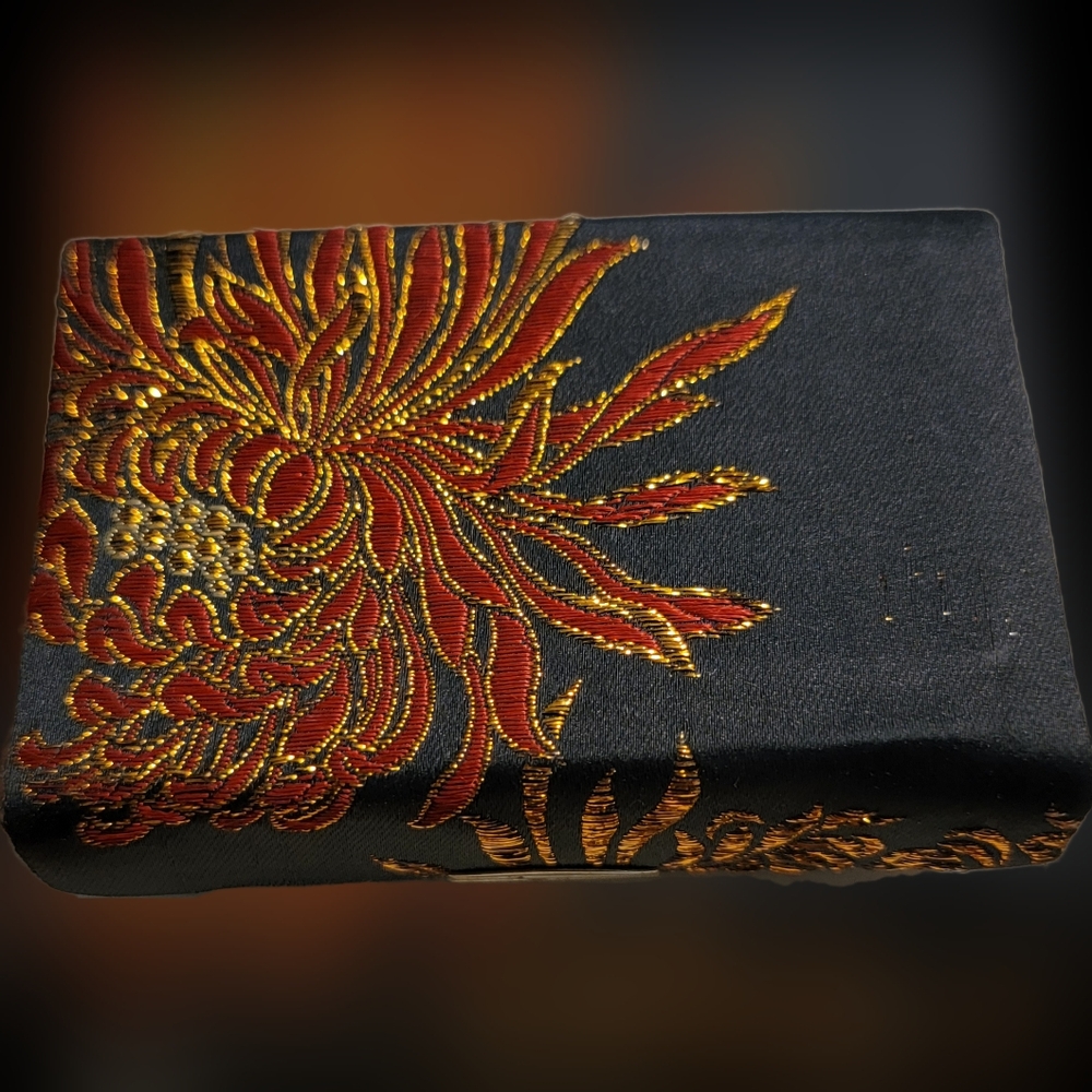 Satin Embroidered Black and Red Floral Lipstick Case With Mirror